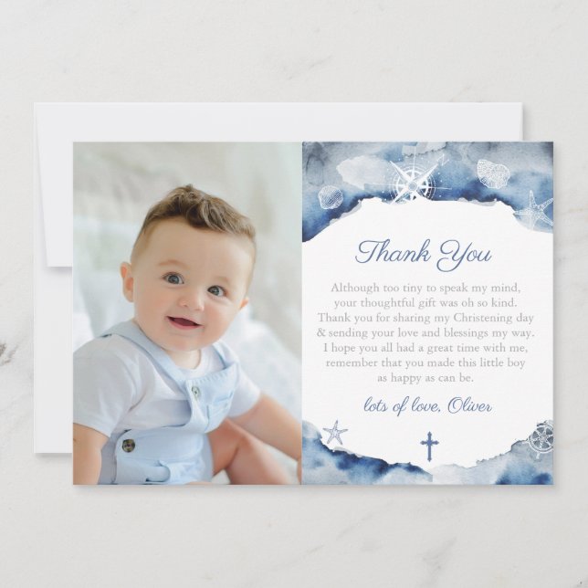 Coastal Theme Christening For Boy Indigo Blue Thank You Card (Front)