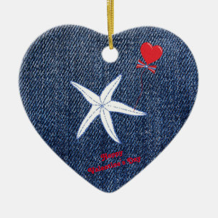 Coastal Theme Valentine's Day Red Heart & Starfish Ceramic Ornament