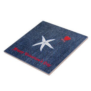 Coastal Theme Valentine's Day Red Heart & Starfish Ceramic Tile