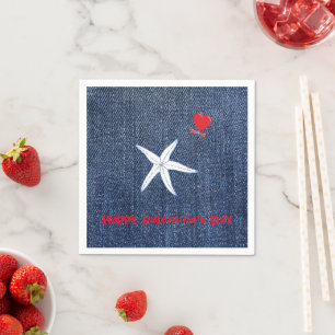 Coastal Theme Valentine's Day Red Heart & Starfish Napkin