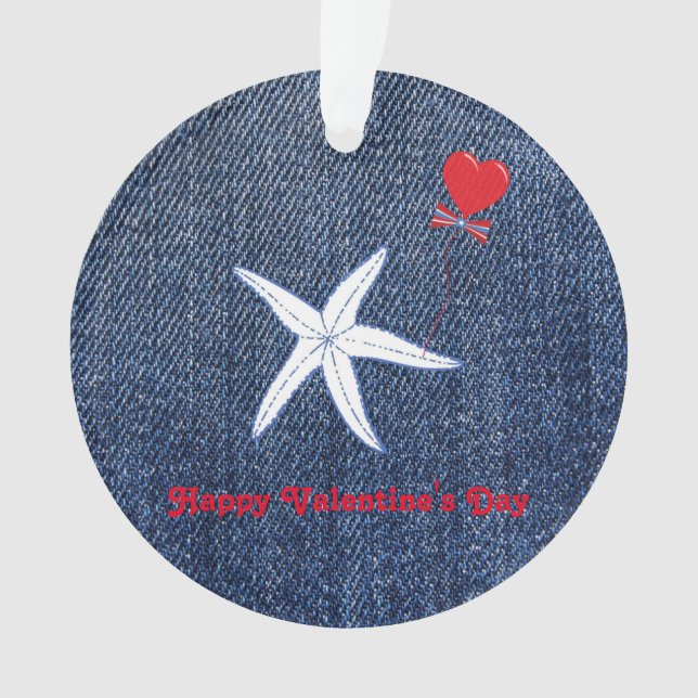 Coastal Theme Valentine's Day Red Heart & Starfish Ornament (Front)