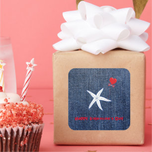 Coastal Theme Valentine's Day Red Heart & Starfish Square Sticker