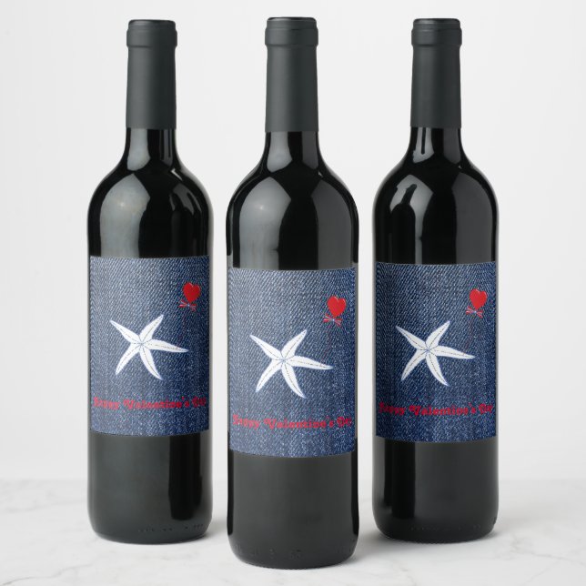 Coastal Theme Valentine's Day Red Heart & Starfish Wine Label (Bottles)