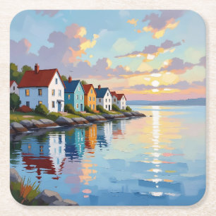 Coastal Themed   Beach Homes on the Bay   Square Paper Coaster