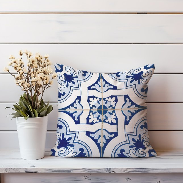 Coastal Tile Pillow | Mixed Blue Italian Design (pillow majolica blue ceramic tile)