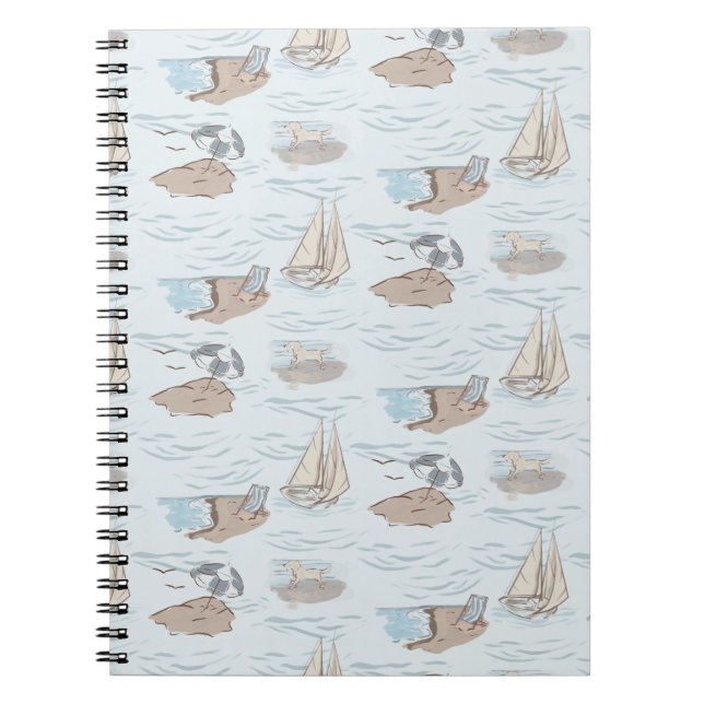 Coastal Toile Beach Scene Hand Drawn Seaside  Notebook (Front)