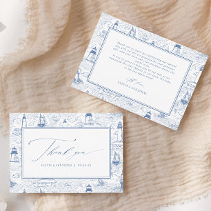 Coastal Toile Lighthouse Blue Wedding Thank You Card