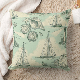Coastal Toile with Lighthouses, Sailboats Cushion