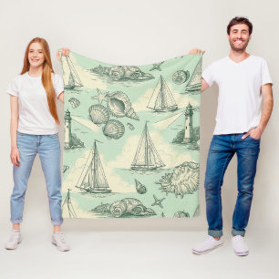 Coastal Toile with Lighthouses, Sailboats Fleece Blanket