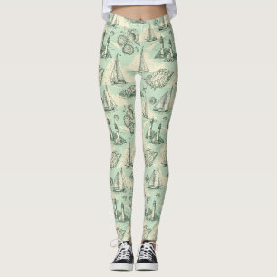 Coastal Toile with Lighthouses, Sailboats Leggings