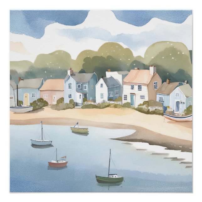 Coastal Town | Airy Beachy Watercolor Painting Poster (Front)