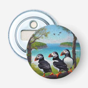 Coastal Trio: Three Puffins at the Beach in Oils Bottle Opener