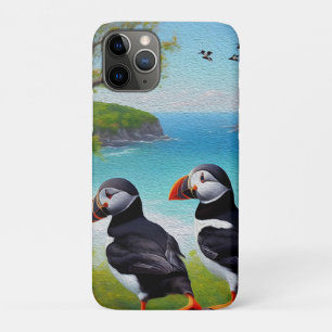 Coastal Trio: Three Puffins at the Beach in Oils iPhone 11 Pro Case