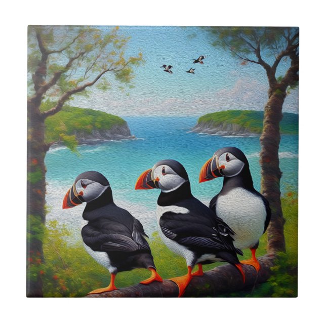 Coastal Trio: Three Puffins at the Beach in Oils Ceramic Tile (Front)