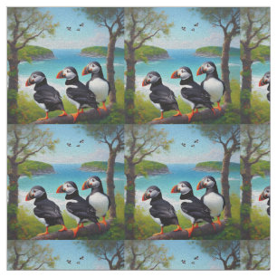 Coastal Trio: Three Puffins at the Beach in Oils Fabric