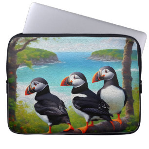 Coastal Trio: Three Puffins at the Beach in Oils Laptop Sleeve