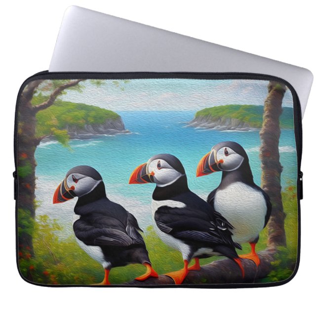 Coastal Trio: Three Puffins at the Beach in Oils Laptop Sleeve (Front)