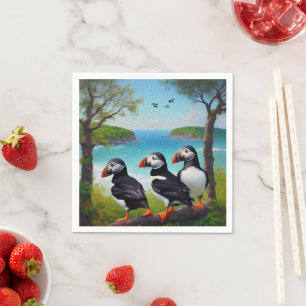 Coastal Trio: Three Puffins at the Beach in Oils Napkin