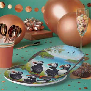 Coastal Trio: Three Puffins at the Beach in Oils Paper Plate