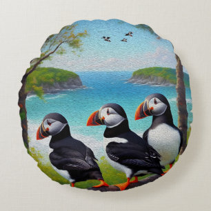 Coastal Trio: Three Puffins at the Beach in Oils Round Cushion