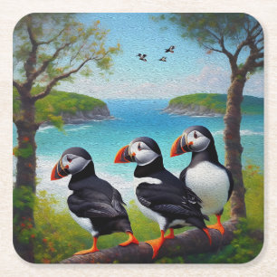 Coastal Trio: Three Puffins at the Beach in Oils Square Paper Coaster