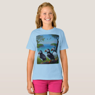 Coastal Trio: Three Puffins at the Beach in Oils T-Shirt