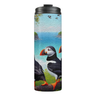 Coastal Trio: Three Puffins at the Beach in Oils Thermal Tumbler