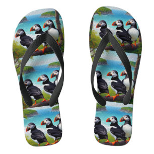 Coastal Trio: Three Puffins at the Beach in Oils Thongs