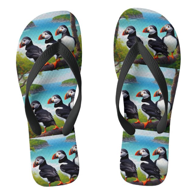 Coastal Trio: Three Puffins at the Beach in Oils Thongs (Footbed)