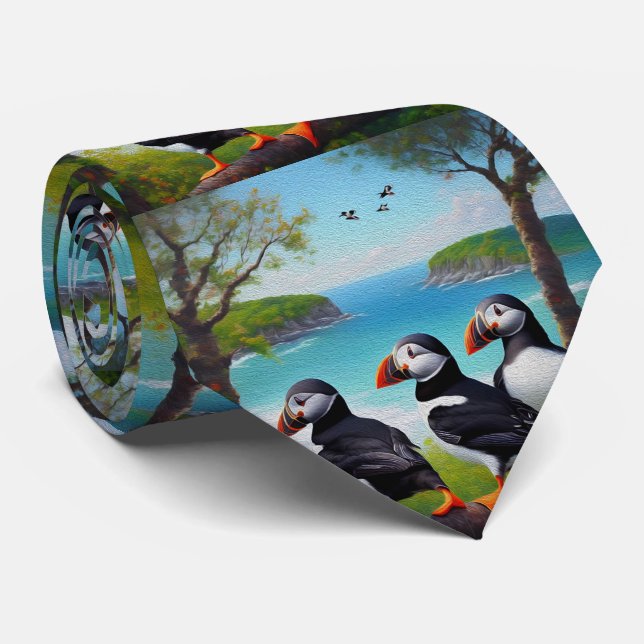 Coastal Trio: Three Puffins at the Beach in Oils Tie (Rolled)