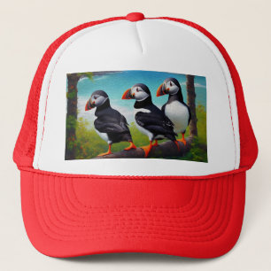 Coastal Trio: Three Puffins at the Beach in Oils Trucker Hat