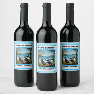 Coastal Trio: Three Puffins at the Beach in Oils Wine Label
