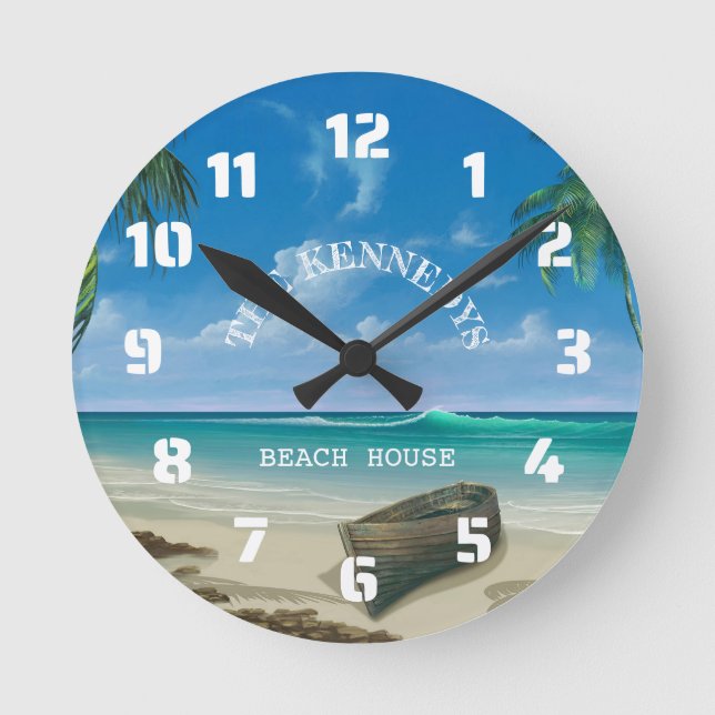 Coastal Tropical Beach House Family Name Round Clock (Front)