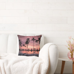Coastal Tropical Beach with Palm Trees and Sunset Cushion