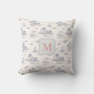 Coastal Tropical French Toile Monogram Name Cushion