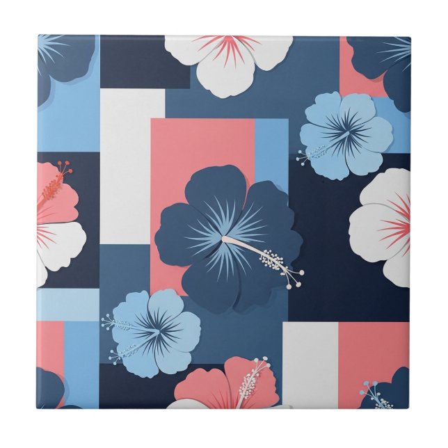 Coastal Tropical Hibiscus Pattern (11) Ceramic Tile (Front)