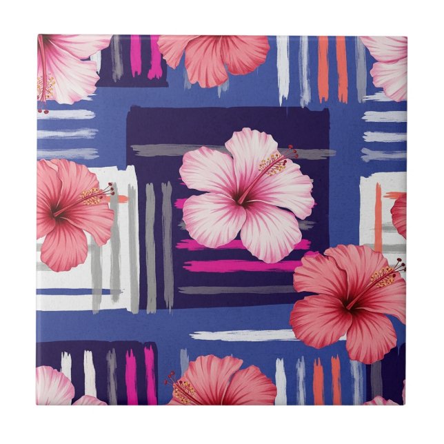 Coastal Tropical Hibiscus Pattern (12) Ceramic Tile (Front)