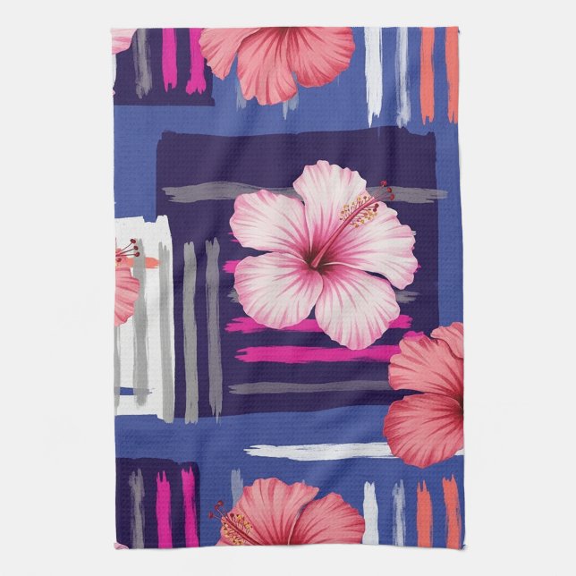 Coastal Tropical Hibiscus Pattern (12) Tea Towel (Vertical)