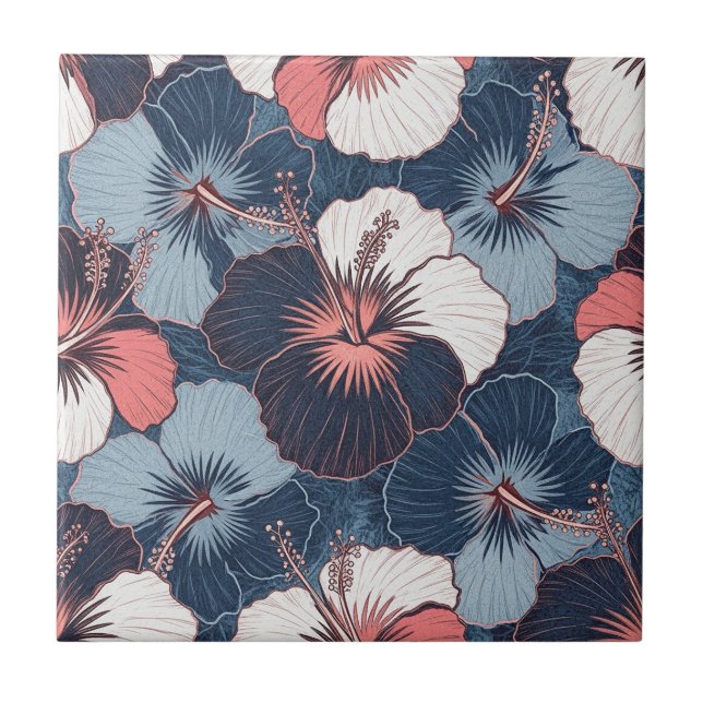 Coastal Tropical Hibiscus Pattern (14) Ceramic Tile (Front)