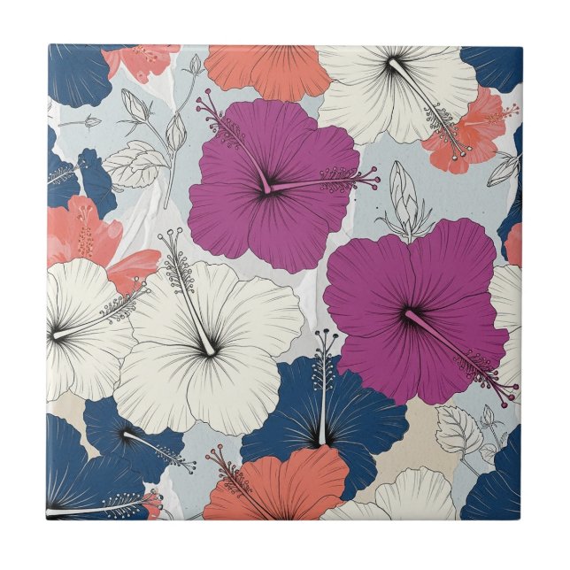 Coastal Tropical Hibiscus Pattern (15) Ceramic Tile (Front)