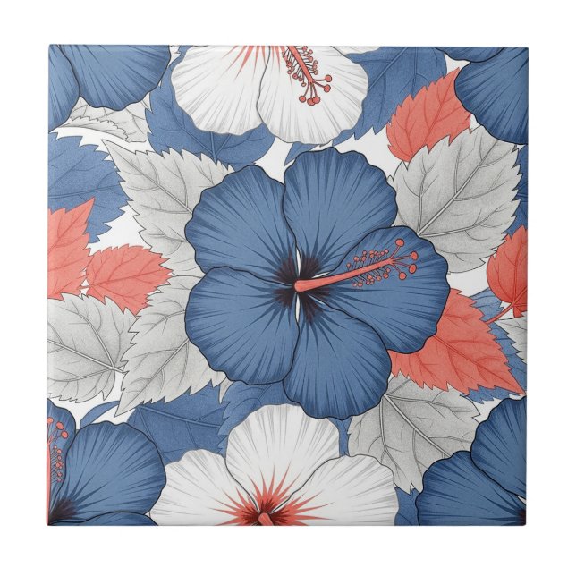 Coastal Tropical Hibiscus Pattern (1) Ceramic Tile (Front)