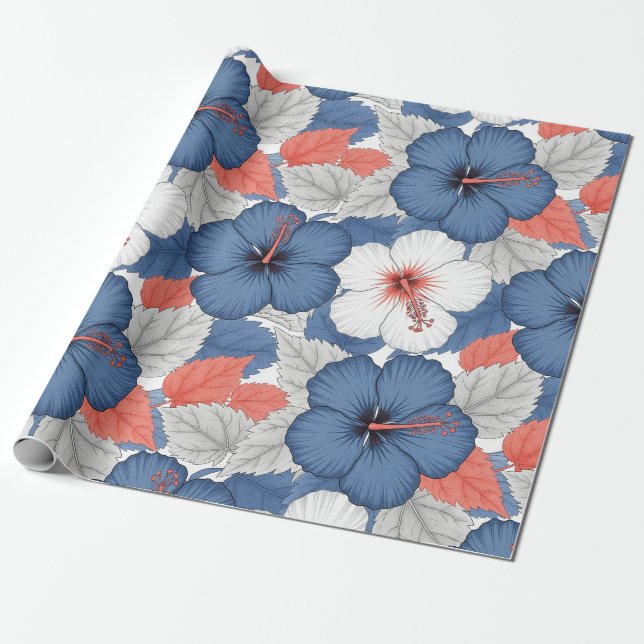 Coastal Tropical Hibiscus Pattern (1) Wrapping Paper (Unrolled)
