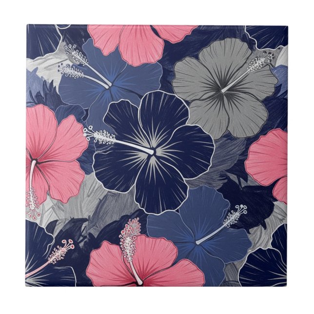 Coastal Tropical Hibiscus Pattern (2) Ceramic Tile (Front)