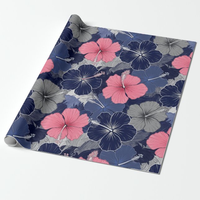 Coastal Tropical Hibiscus Pattern (2) Wrapping Paper (Unrolled)