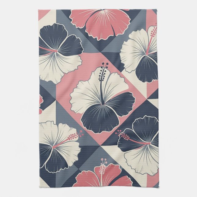 Coastal Tropical Hibiscus Pattern (3) Tea Towel (Vertical)