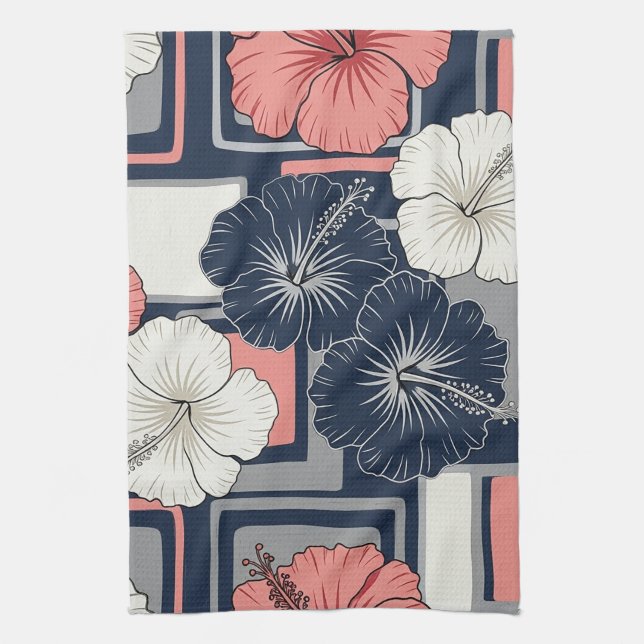 Coastal Tropical Hibiscus Pattern (4) Tea Towel (Vertical)