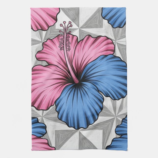 Coastal Tropical Hibiscus Pattern (6) Tea Towel (Vertical)