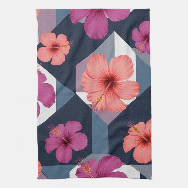 Coastal Tropical Hibiscus Pattern (8) Tea Towel (Vertical)