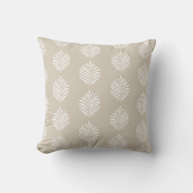 Coastal Tropical Palm Leaf Pattern Beige Cushion (Front)
