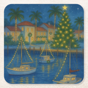 Coastal Tropics Christmas Square Paper Coaster
